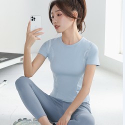 聚衣堂蜜桃弧线瑜伽上衣女圆领显瘦速干跑步健身服运动紧身短袖