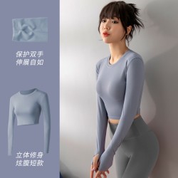 运动瑜伽上衣女欧美跑步短款露脐健身房紧身衣长袖t恤瑜伽服