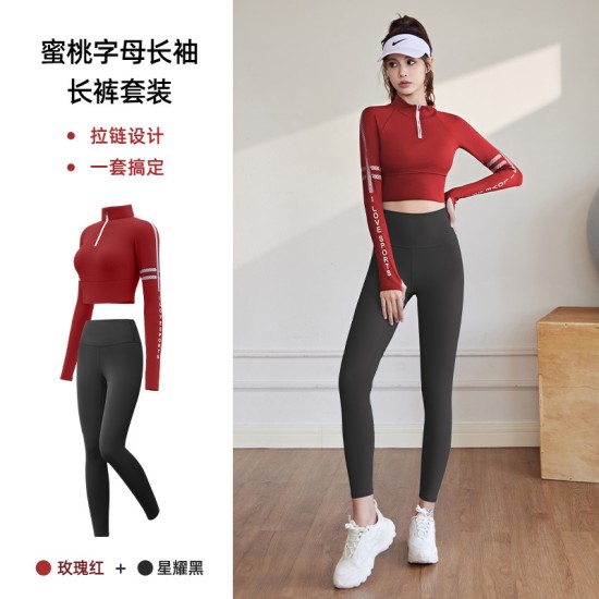 聚衣堂带胸垫半拉链修身显瘦跑步运动健身瑜伽上衣长袖套装瑜伽服