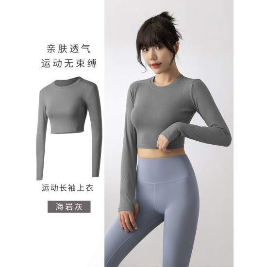 运动瑜伽上衣女欧美跑步短款露脐健身房紧身衣长袖t恤瑜伽服