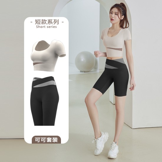 拼色短袖瑜伽服套装女春夏露脐短款上衣提臀裤跑步运动健身服