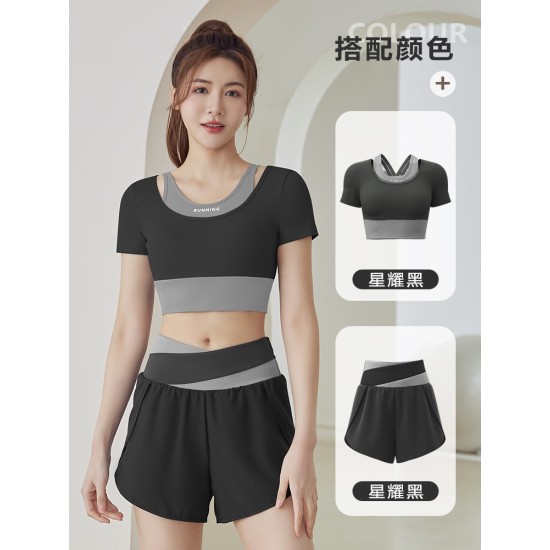 聚衣堂夏季新款短款拼色运动健身瑜伽假两件瑜伽服套装