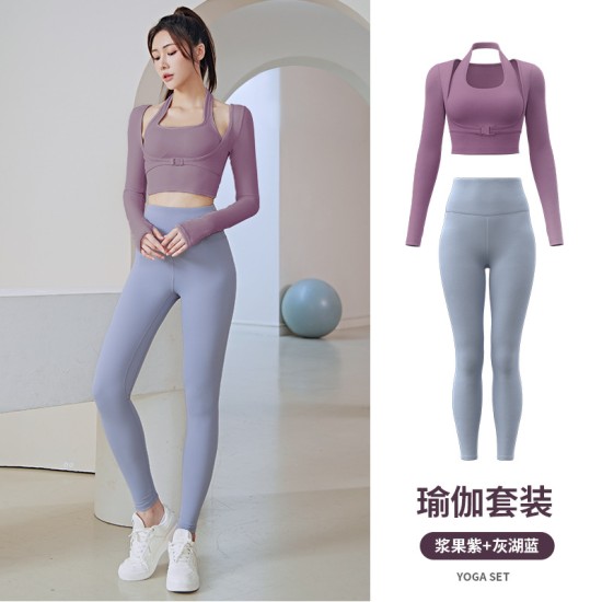 聚衣堂运动健身跑步训练套头挂脖显瘦显胸无缝长袖女套装瑜伽服