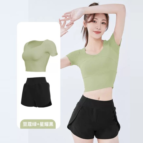 聚衣堂女短款速干带胸垫跑步紧身裸感健身瑜伽运动短袖短裤套装