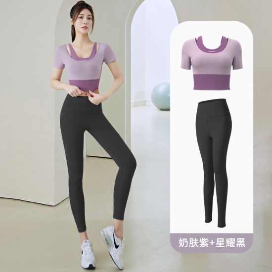 聚衣堂女带胸垫跑步健身短袖运动上衣显瘦裸感紧身修身套装瑜伽服