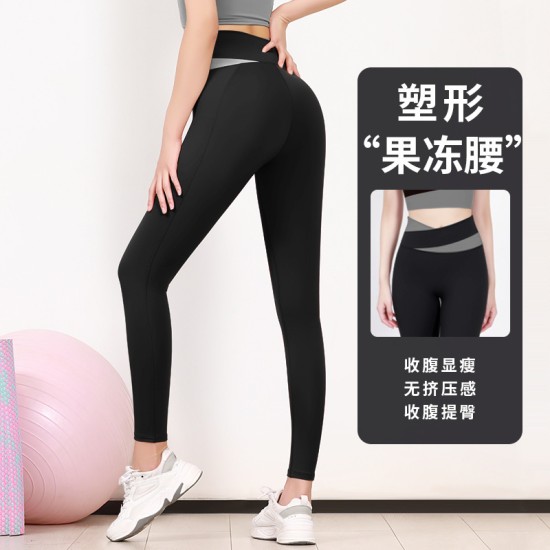 聚衣堂拼接高腰女蜜桃提臀收腹紧身交叉速干跑步运动健身瑜伽长裤