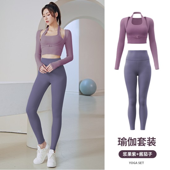 聚衣堂运动健身跑步训练套头挂脖显瘦显胸无缝长袖女套装瑜伽服