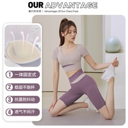 Color -fighting short -sleeved yoga clothing set female spring and summer exposed navel short top, hip pants running sports fitness suit