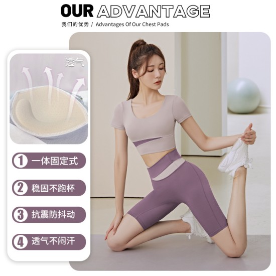 拼色短袖瑜伽服套装女春夏露脐短款上衣提臀裤跑步运动健身服