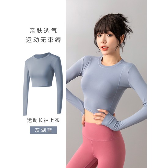 运动瑜伽上衣女欧美跑步短款露脐健身房紧身衣长袖t恤瑜伽服