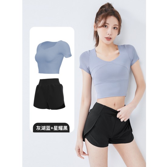 聚衣堂女短款速干带胸垫跑步紧身裸感健身瑜伽运动短袖短裤套装