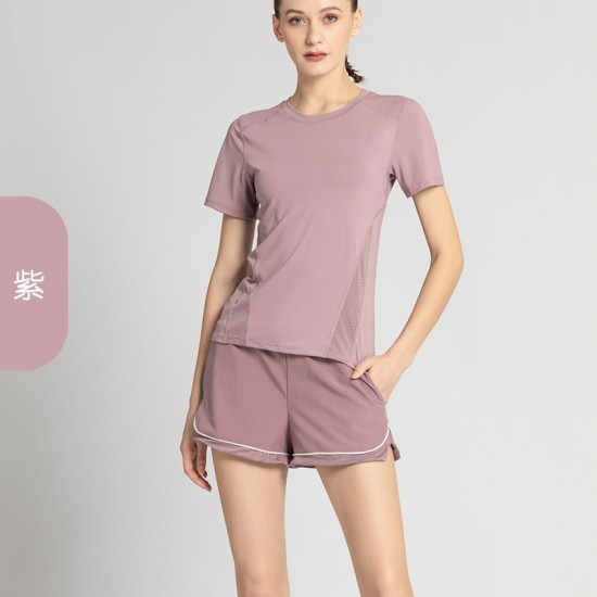 瑜伽服女夏季运动套装女短袖短裤网纱透气速干跑步健身两件套