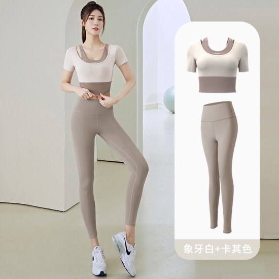 聚衣堂女带胸垫跑步健身短袖运动上衣显瘦裸感紧身修身套装瑜伽服