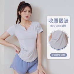 聚衣堂夏季V领女速干纯色收腰宽松跑步健身显瘦瑜伽服短袖运动T恤