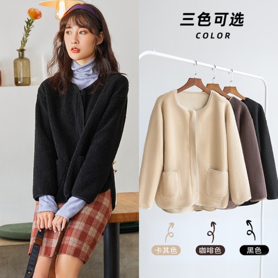 羊羔毛绒外套女秋冬季款加绒加厚圆领拉链长袖宽松保暖上衣开衫女