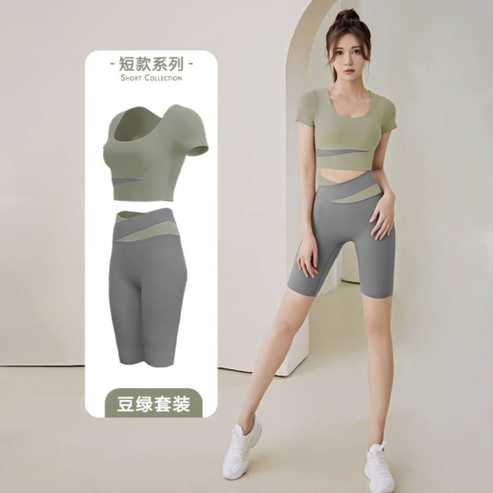 拼色短袖瑜伽服套装女春夏露脐短款上衣提臀裤跑步运动健身服