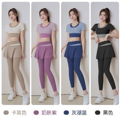 拼色外穿速干高腰紧身带胸垫假两件短袖跑步健身瑜伽运动套装