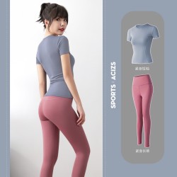 聚衣堂欧美瑜伽服女健身短袖高腰提臀蜜桃裤健身房跑步运动套装