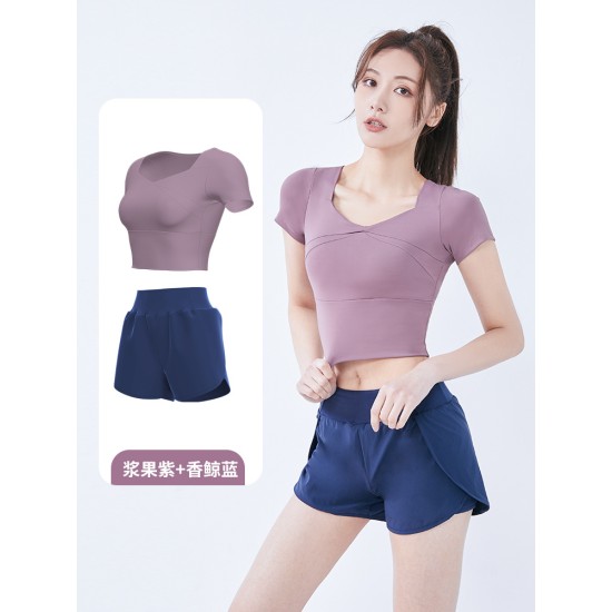 聚衣堂女短款速干带胸垫跑步紧身裸感健身瑜伽运动短袖短裤套装