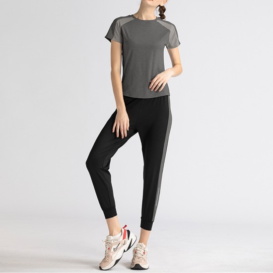 聚衣堂瑜伽服女宽松网纱短袖上衣跑步速干健身衣服运动套装瑜伽裤