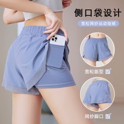 夏季女瑜伽跑步速干透气网纱侧口袋运动健身防走光假两件短裤