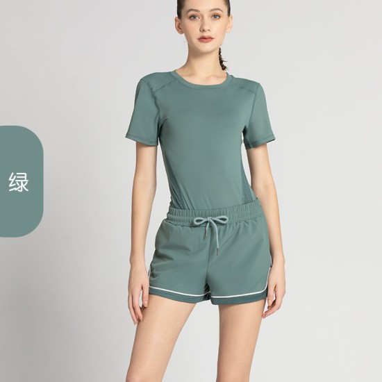瑜伽服女夏季运动套装女短袖短裤网纱透气速干跑步健身两件套