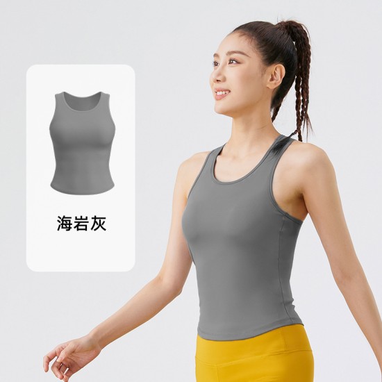 聚衣堂蜜桃瑜伽背心4D高弹固定杯圆领紧身防走光不跑杯运动背心