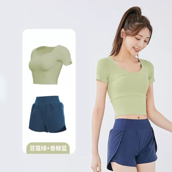 聚衣堂女短款速干带胸垫跑步紧身裸感健身瑜伽运动短袖短裤套装