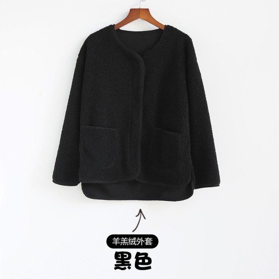 羊羔毛绒外套女秋冬季款加绒加厚圆领拉链长袖宽松保暖上衣开衫女