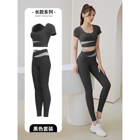 拼色短袖瑜伽服套装女春夏露脐短款上衣提臀裤跑步运动健身服