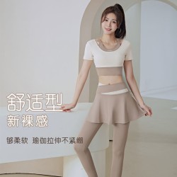 拼色外穿速干高腰紧身带胸垫假两件短袖跑步健身瑜伽运动套装