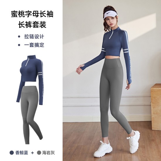 聚衣堂带胸垫半拉链修身显瘦跑步运动健身瑜伽上衣长袖套装瑜伽服