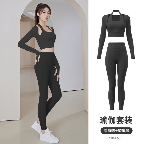 聚衣堂运动健身跑步训练套头挂脖显瘦显胸无缝长袖女套装瑜伽服