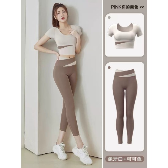 拼色短袖瑜伽服套装女春夏露脐短款上衣提臀裤跑步运动健身服