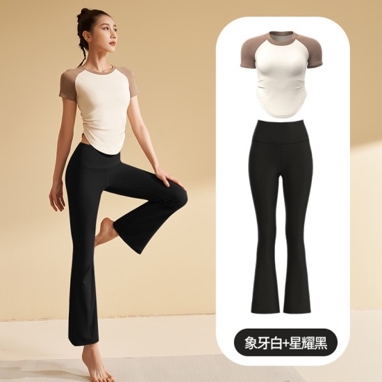 聚衣堂夏季紧身速干瑜伽服短袖跑步健身运动上衣女喇叭裤套装
