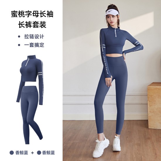 聚衣堂带胸垫半拉链修身显瘦跑步运动健身瑜伽上衣长袖套装瑜伽服