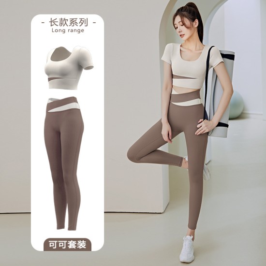 聚衣堂拼色短袖瑜伽服套装女裸感露脐短款上衣提臀跑步运动健身服