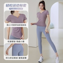 聚衣堂夏季V领薄款跑步健身透气速干高强度紧身女瑜伽运动短袖