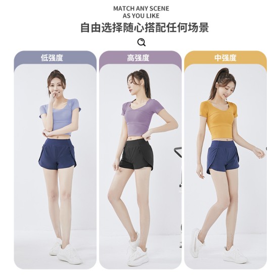 聚衣堂女短款速干带胸垫跑步紧身裸感健身瑜伽运动短袖短裤套装