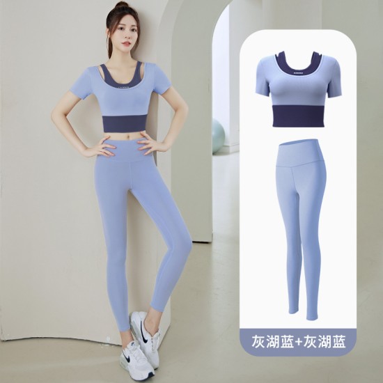 聚衣堂女带胸垫跑步健身短袖运动上衣显瘦裸感紧身修身套装瑜伽服