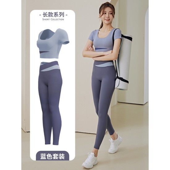 聚衣堂拼色短袖瑜伽服套装女裸感露脐短款上衣提臀跑步运动健身服