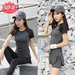 聚衣堂夏季健身服运动跑步服女士休闲短袖圆领T恤大码紧身上衣女