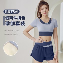 聚衣堂夏季新款短款拼色运动健身瑜伽假两件瑜伽服套装