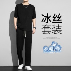 冰丝运动套装男士夏季薄款2024新款休闲痞帅短袖男装夏天速干衣服