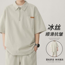 polo领短袖t恤男士夏季冰丝短裤套装宽松大码运动服夏装男生港风