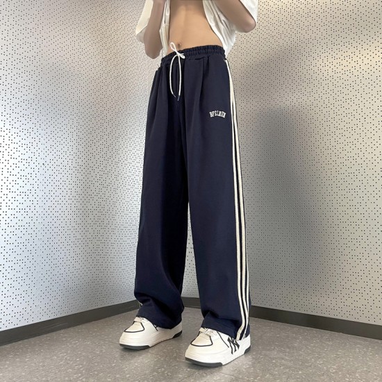 初中生条纹校服裤子男藏青色束脚夏薄款美式hiphop潮牌休闲运动裤