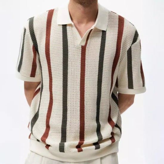 Striped color contrast casual shirt   欧美条纹撞色休闲毛织衫